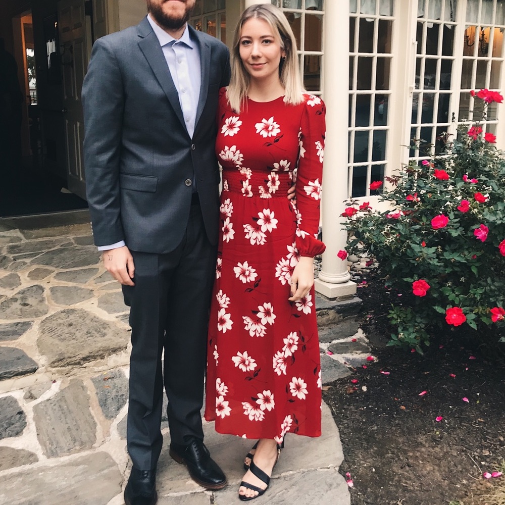 Reformation Long Sleeve Red Floral Long Dress